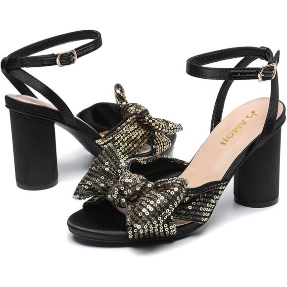 🆕 Women Black Sequin Bowknot Block Heeled Sandal Open Toe Chunky Ankle Strap - Picture 3 of 8
